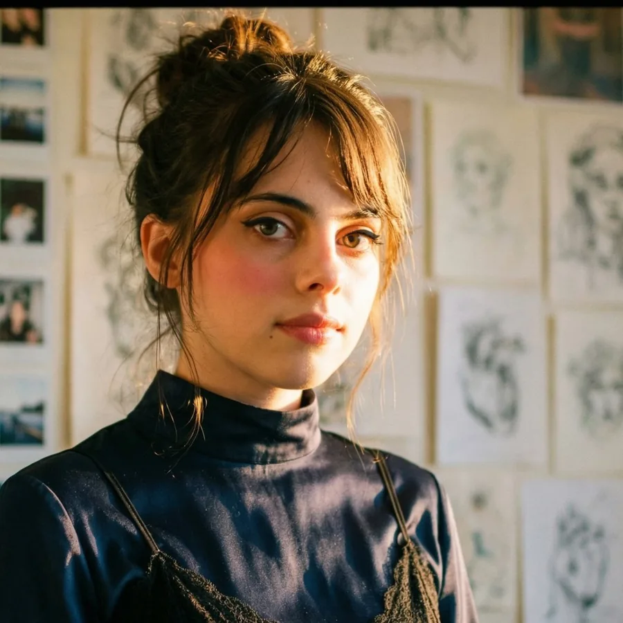 Lily in front of a wall of polaroids and pencil sketches