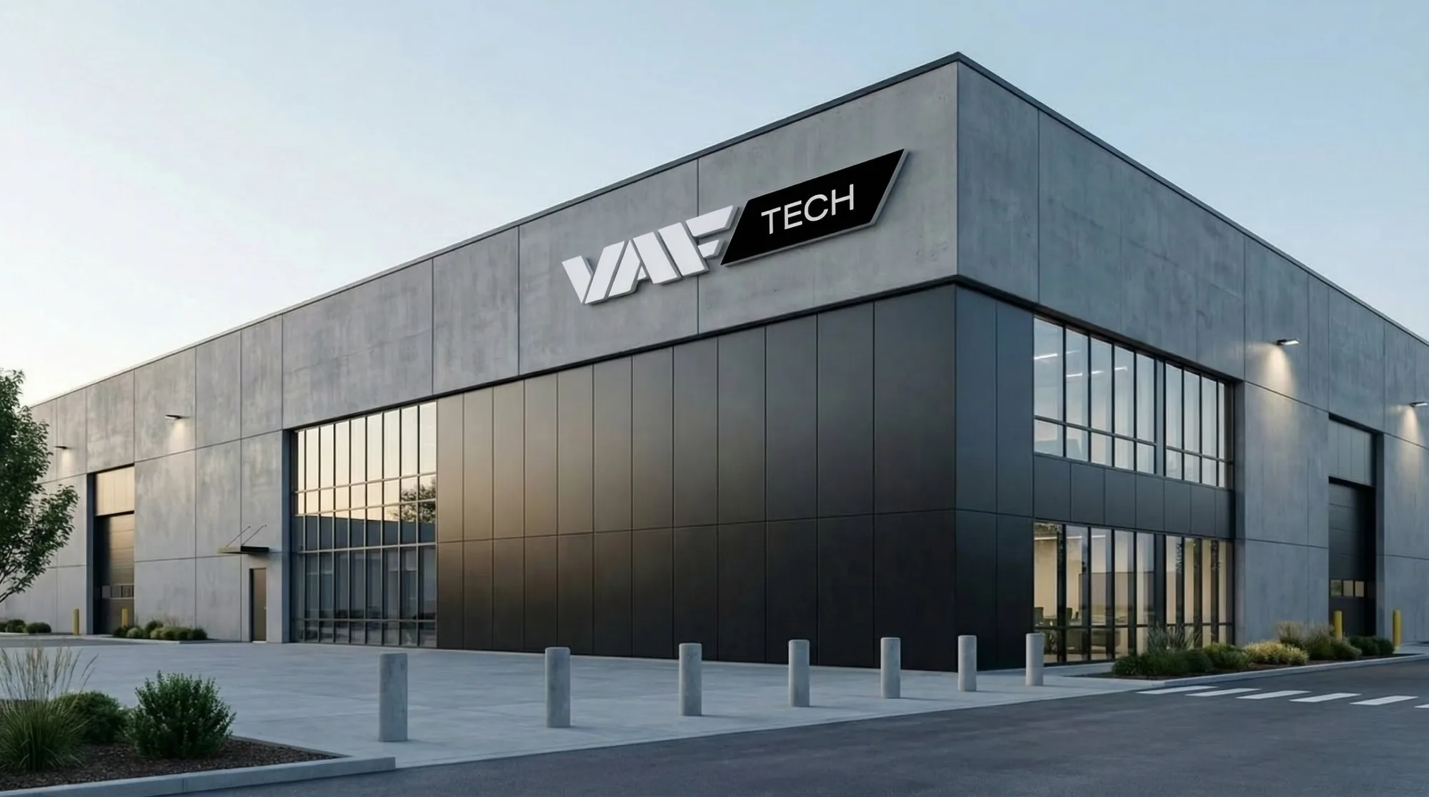VAF Tech production hall with the new VAF Tech sign on the facade