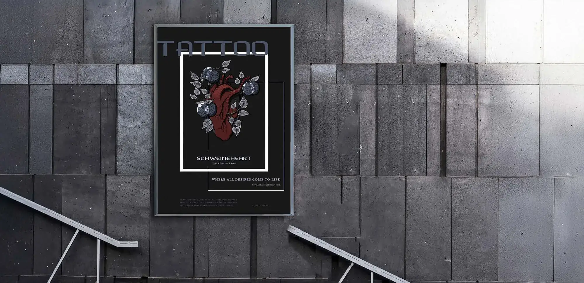 A framed Schweineheart poster on a dark concrete wall