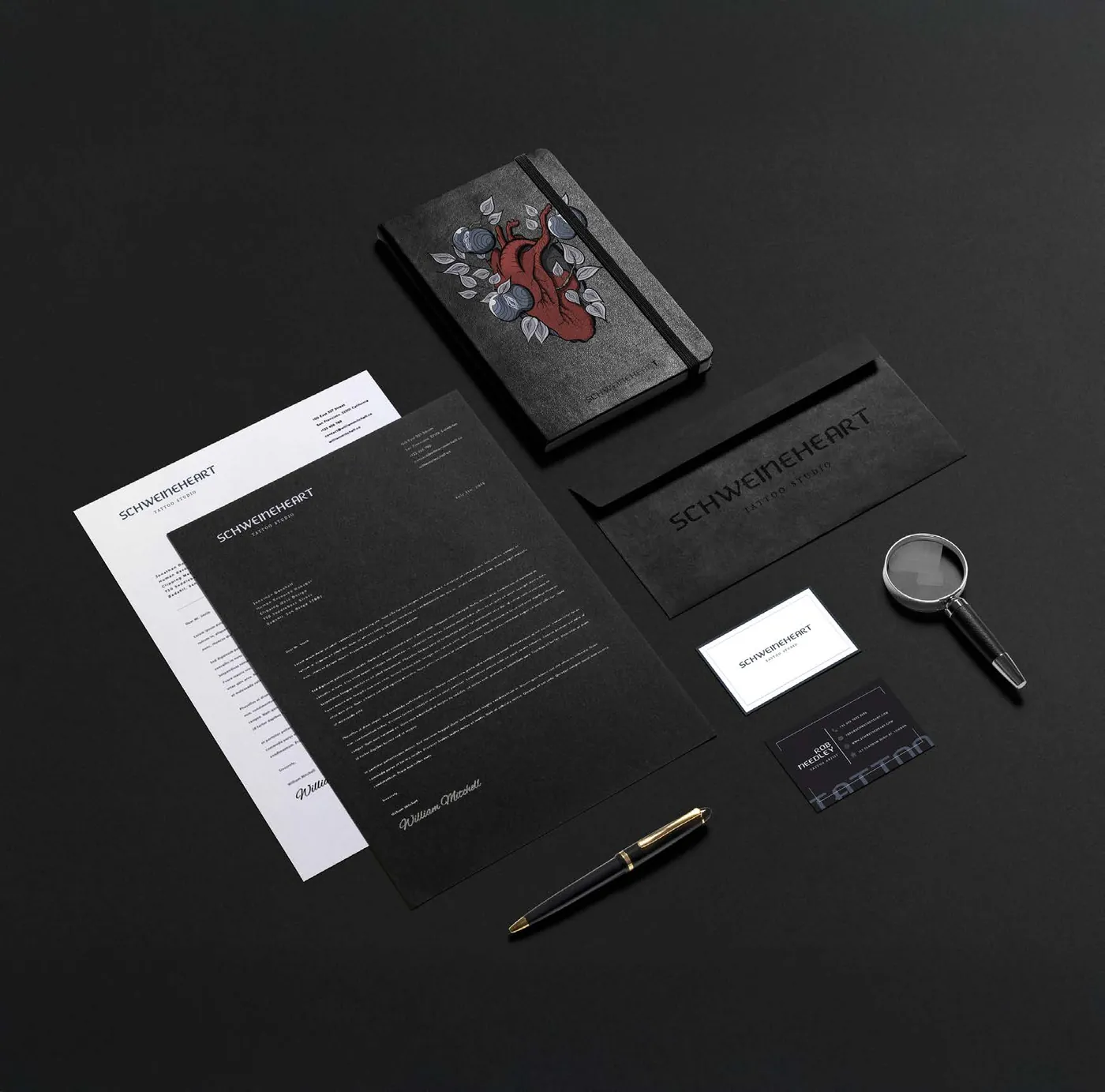 Black Schweineheart stationery set with letterhead, cards and envelope