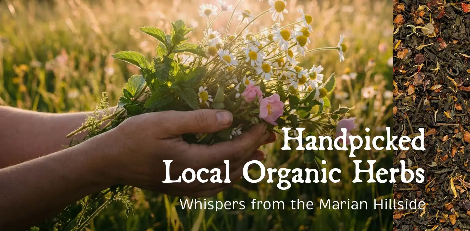 Hands holding freshly picked herbs for Terra Mater