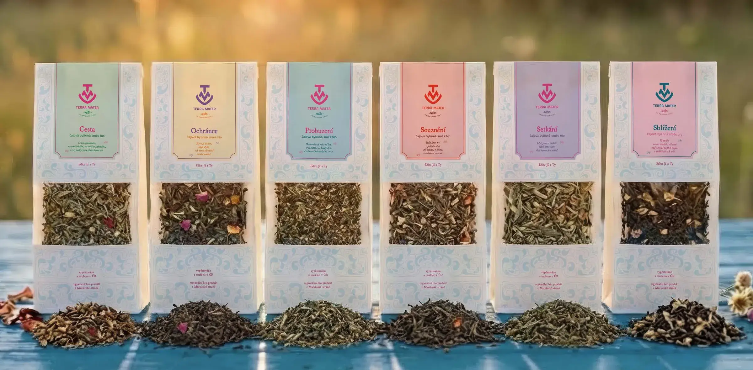 The full range of Terra Mater herbal tea pouches in pastel colours