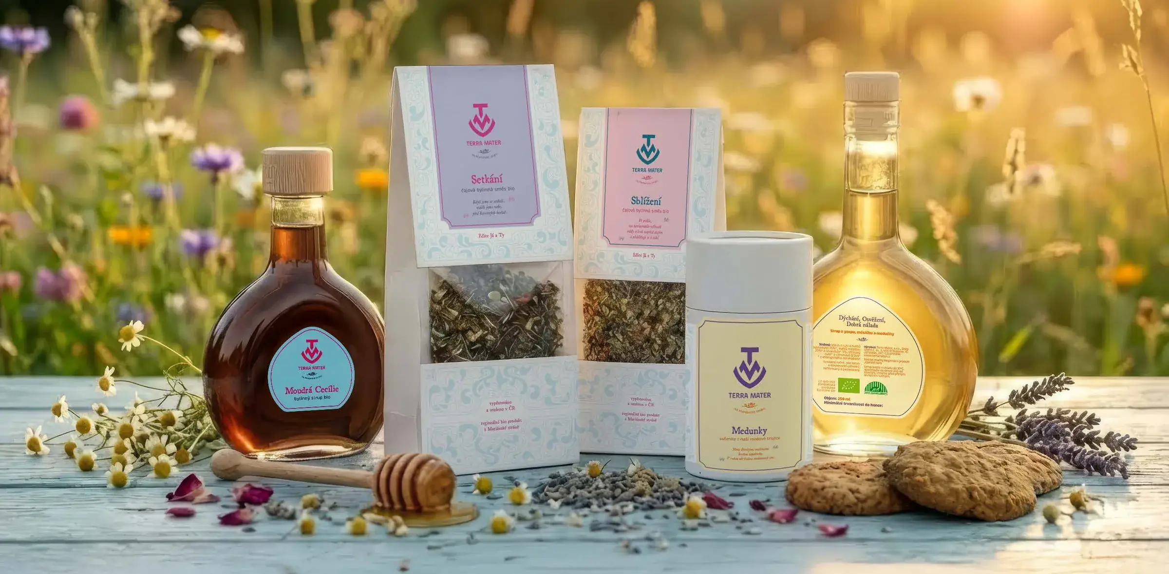 Terra Mater products in a meadow